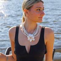 Beaded Mother of Pearl Flower Pendant Necklace | Coastal Boho | Statement Jewelry