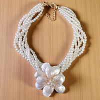 Beaded Mother of Pearl Flower Pendant Necklace | Coastal Boho | Statement Jewelry