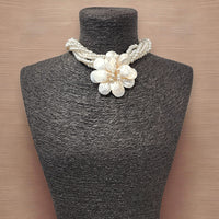 Beaded Mother of Pearl Flower Pendant Necklace | Coastal Boho | Statement Jewelry