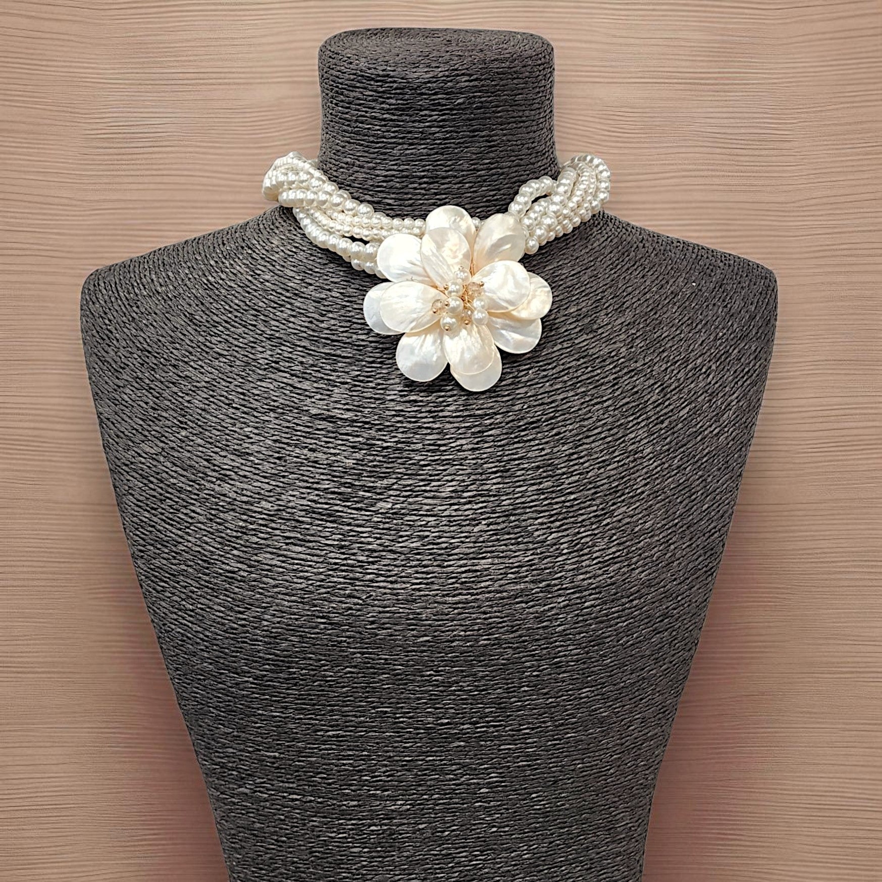Beaded Mother of Pearl Flower Pendant Necklace | Coastal Boho | Statement Jewelry