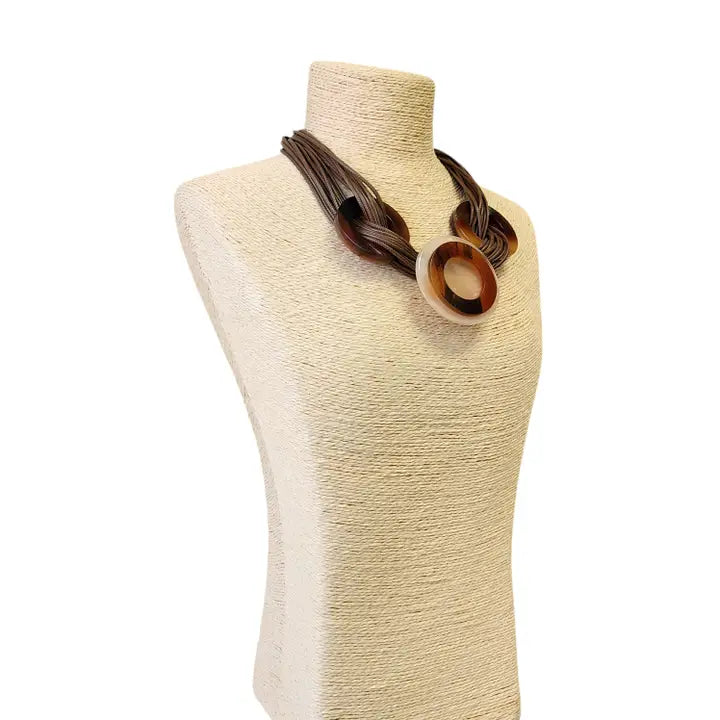 Multi Strand Tortoise Shell Necklace on Mocha Brown Leather Cord