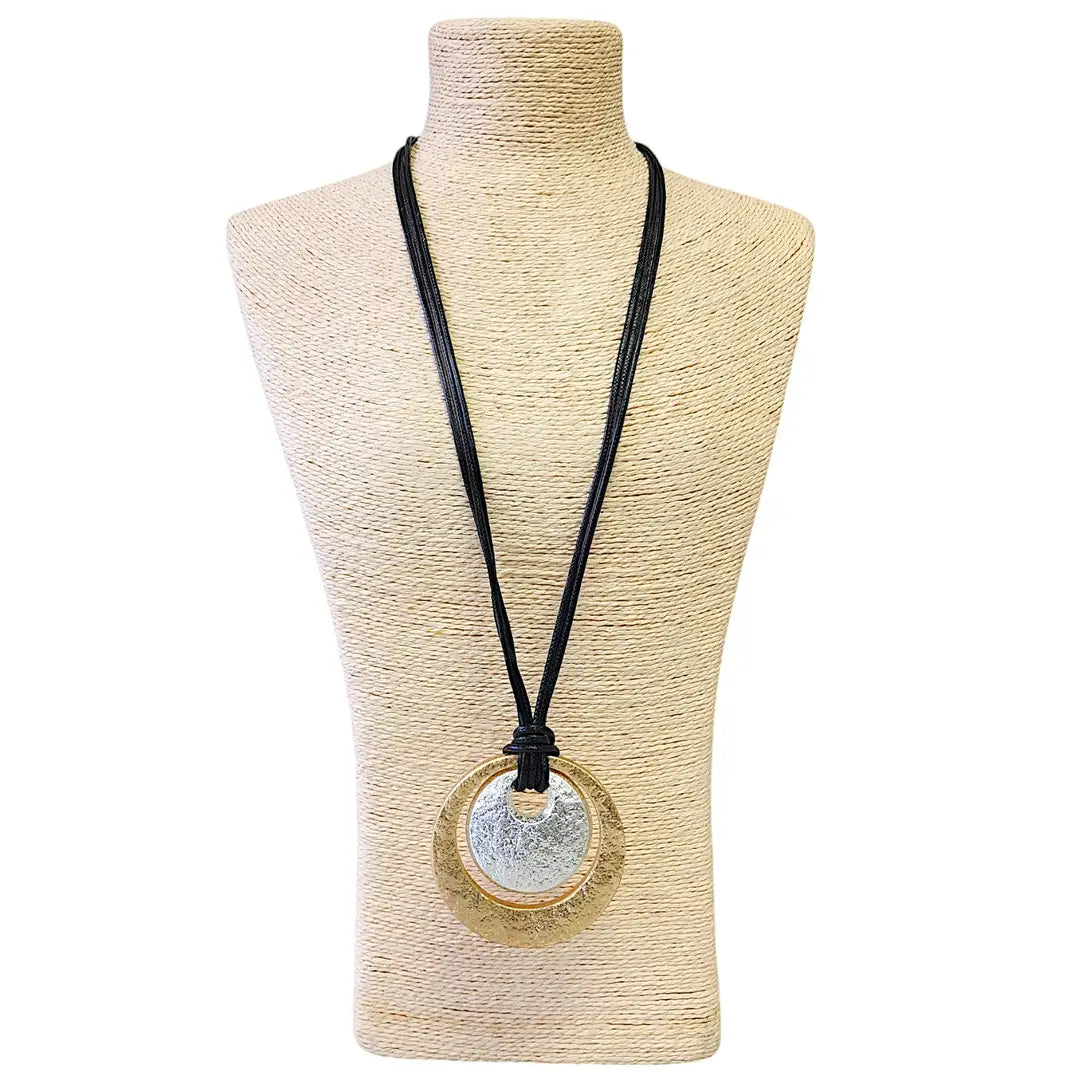 Vintage Two Tone Sculpted Pendant Necklace on Black Leather Cord