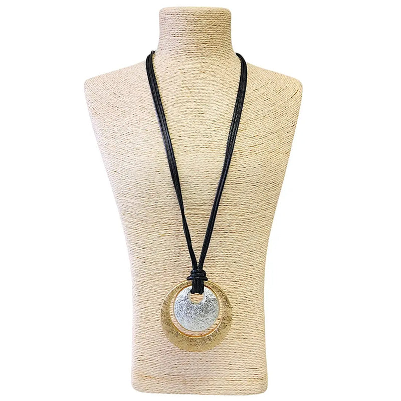 Vintage Two Tone Sculpted Pendant Necklace on Black Leather Cord