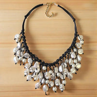 Coastal Pearl Fringe Bib Necklace on Black Leather Cord