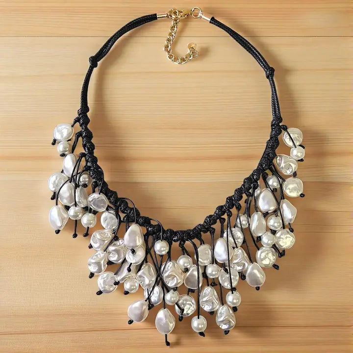 Coastal Pearl Fringe Bib Necklace on Black Leather Cord