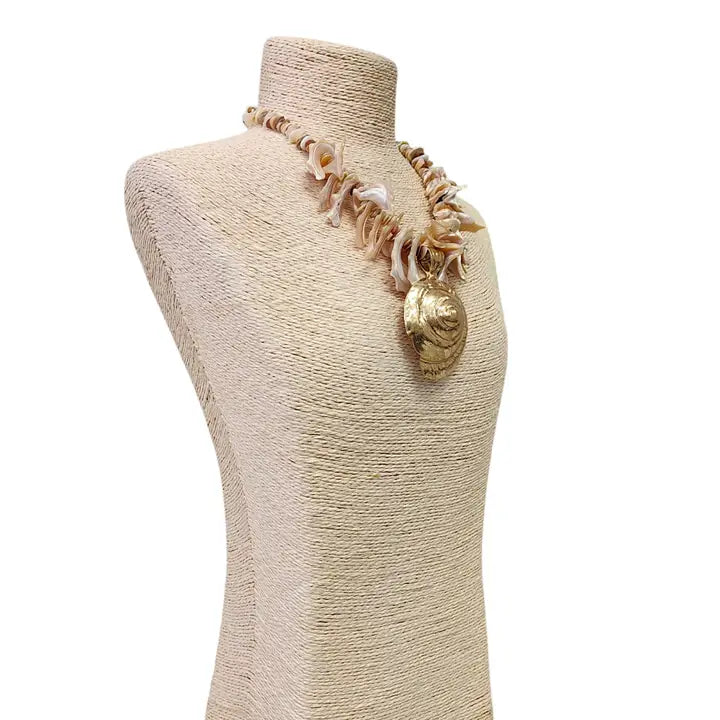 Chunky Mocha Seashell Necklace w/ Oversize Gold Shell Pendant
