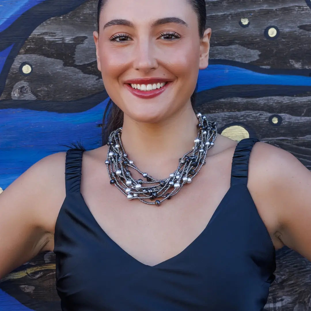 Silver Seed Bead & Pearl Multi Strand Statement Necklace