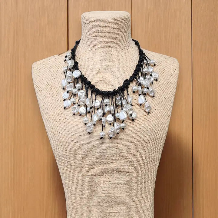 Coastal Pearl Fringe Bib Necklace on Black Leather Cord