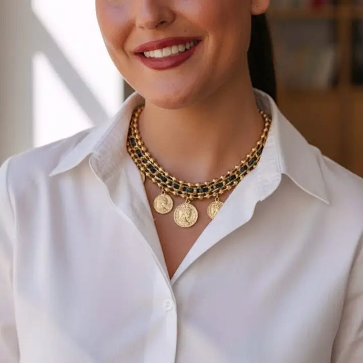 The Cleo Necklace | Leather & Coin Collar