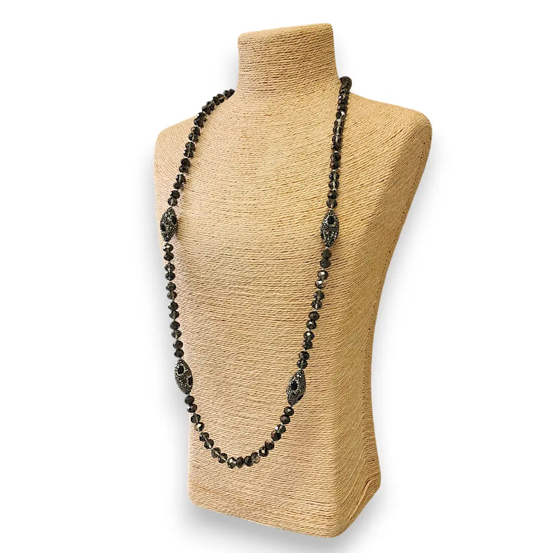 Long Smokey Beaded Pavé Station Necklace