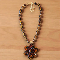 Chunky Tortoise Shell Bead Flower Statement Necklace