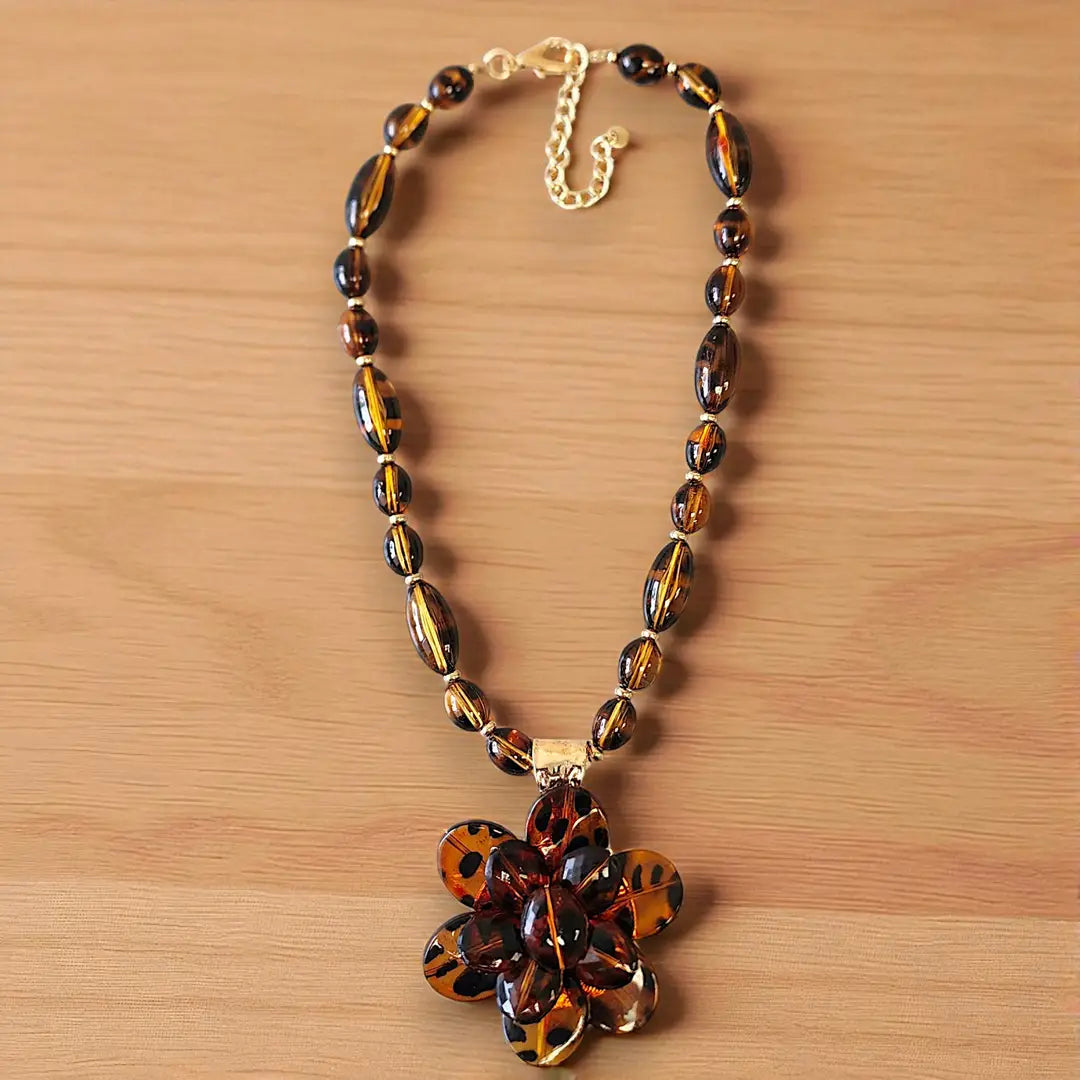 Chunky Tortoise Shell Bead Flower Statement Necklace