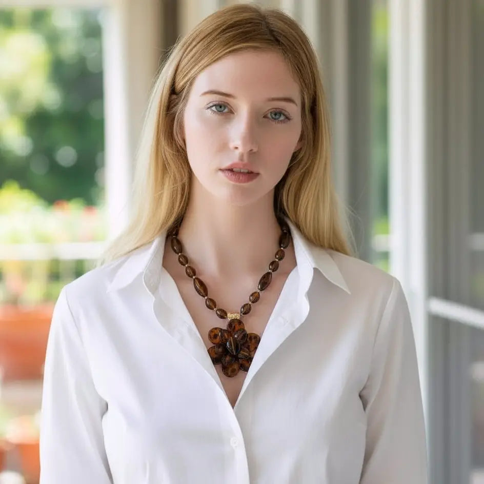 Chunky Tortoise Shell Bead Flower Statement Necklace