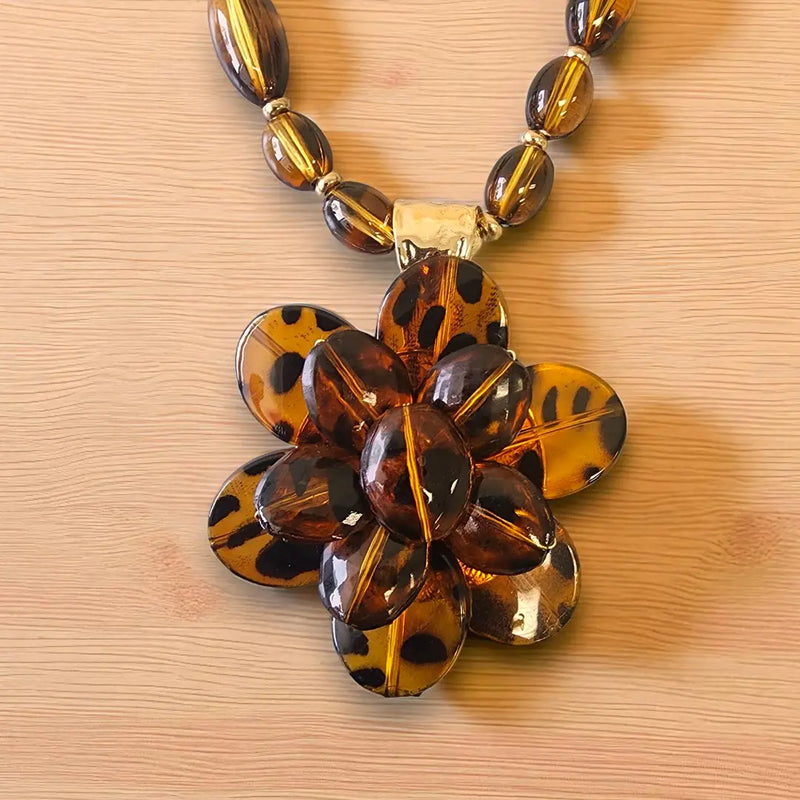 Chunky Tortoise Shell Bead Flower Statement Necklace