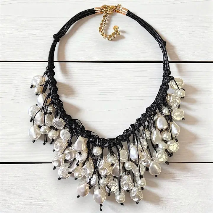 Coastal Pearl Fringe Bib Necklace on Black Leather Cord