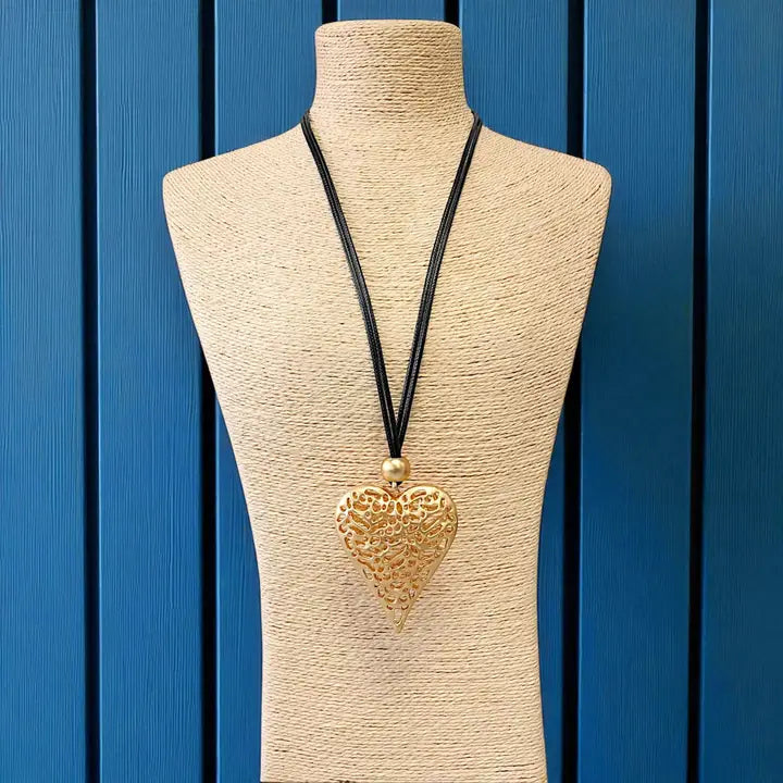 Long Beaded Heart Cord Necklace | Statement Jewelry | Boho