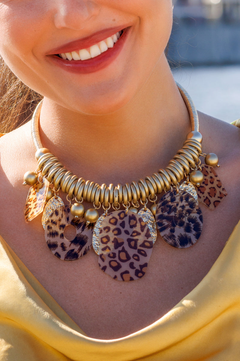 Beige and Gold Animal Print and Tortoise Charm Necklace