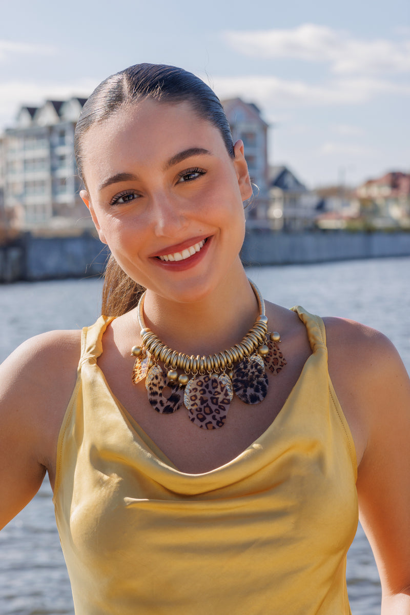 Beige and Gold Animal Print and Tortoise Charm Necklace