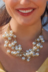 White Pearl & Gold Multi Strand Metallic Silk Necklace