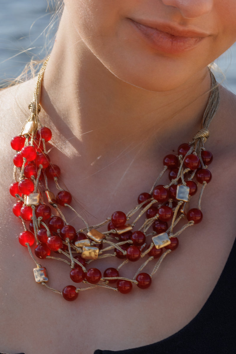 Oxblood Red and Gold Thread Multi Strand Necklace