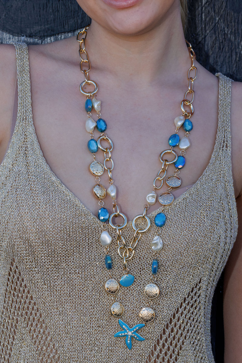 Double Strand Turquoise & Pearl Link Chain Necklace