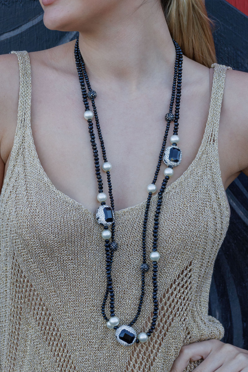 Black Crystal and Silver Station Necklace