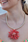 Tropical Red Coral Branch Floral Flower Pendant Necklace