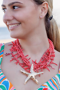 Red Coral and Gold Seashell Pendant