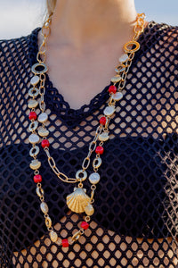 Double Strand Coral & Pearl Link Chain Necklace