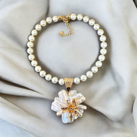 Ivory & Gold Flower Pendant Collar on Round Pearl Necklace