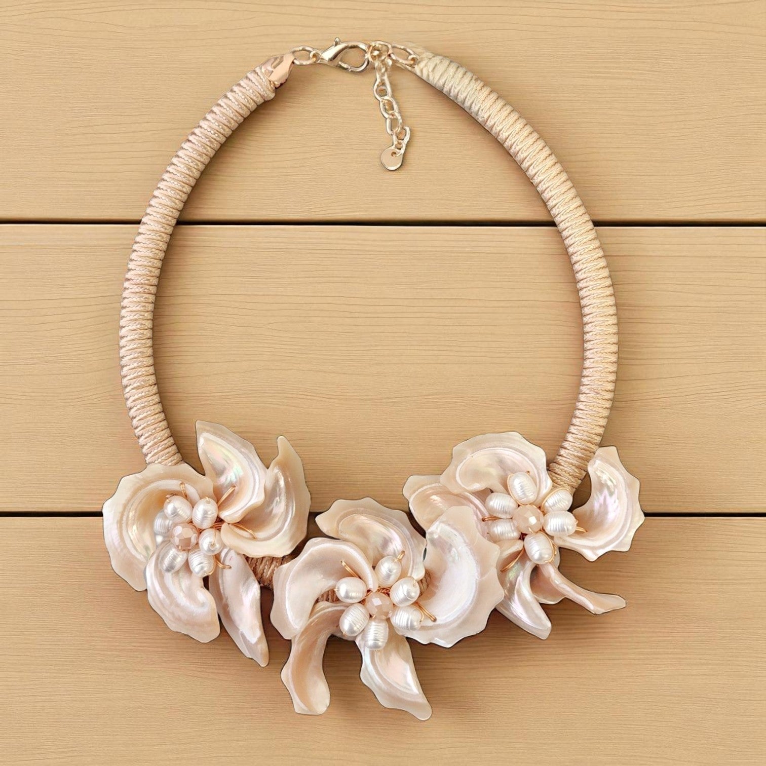 Seashell Flower Necklace | Coastal | Floral Jewelry | Beach | Mocha | Short Collar
