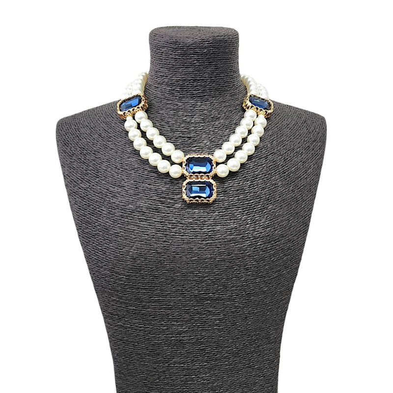 Pearl and Blue Jewel Tone Station Necklace