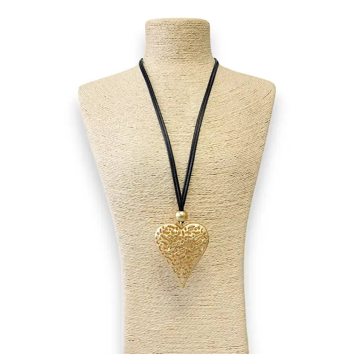 Long Beaded Heart Cord Necklace | Statement Jewelry | Boho