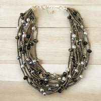 Silver Seed Bead & Pearl Multi Strand Statement Necklace
