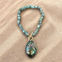 Sage Green Chip & Abalone Peacock Seashell Pendant Necklace