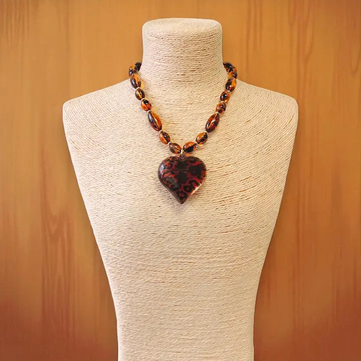 Beaded Tortoise Shell Puffy Heart Necklace