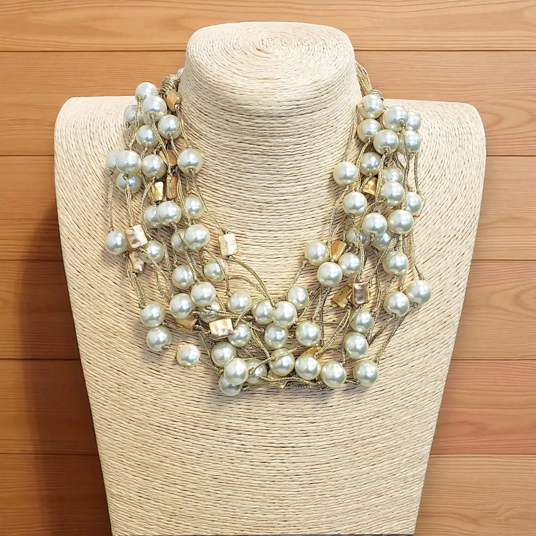 Chunky Multi Strand Pearl Statement Necklace | Coastal Boho | Statement Jewelry