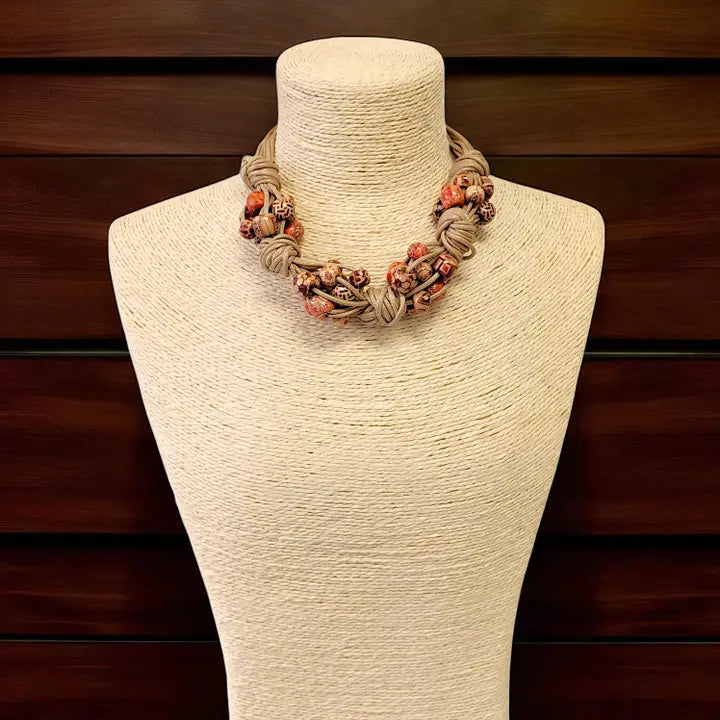 Short Beaded Chunky Knot Necklace | Leather Cord | Fall Boho