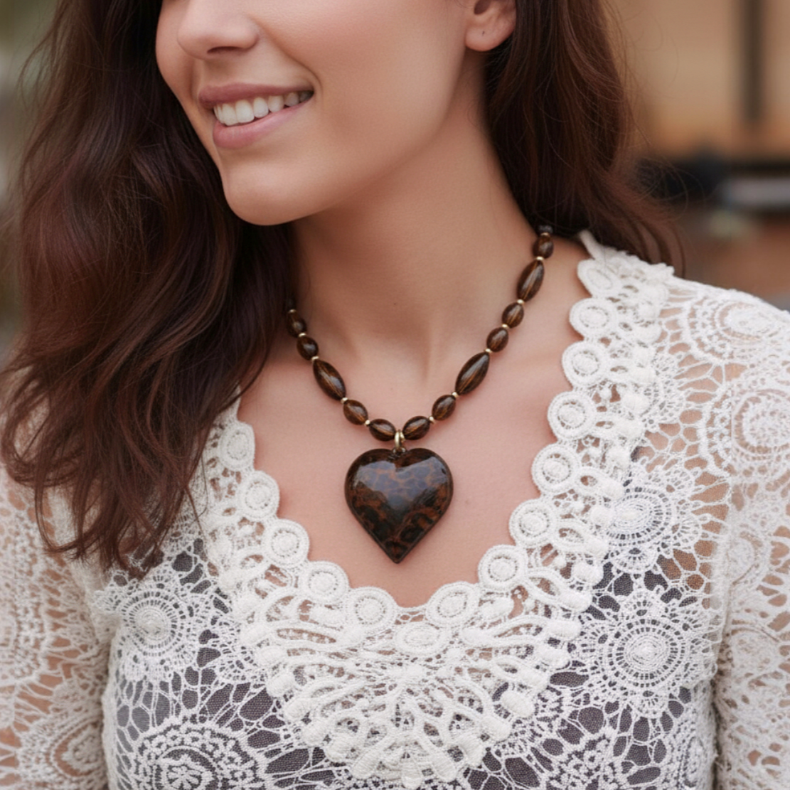 Beaded Tortoise Shell Puffy Heart Necklace