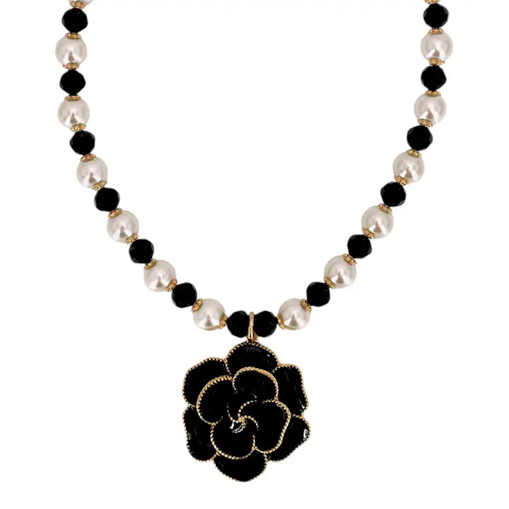 The Colette Necklace | Black Enamel Flower