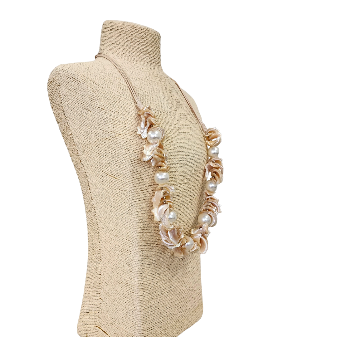 Long Seashell & Pearl Necklace | Coastal Boho | Mocha Mousse