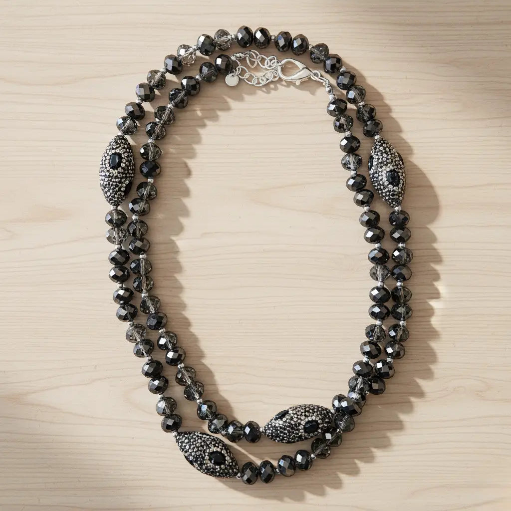 Long Smokey Beaded Pavé Station Necklace
