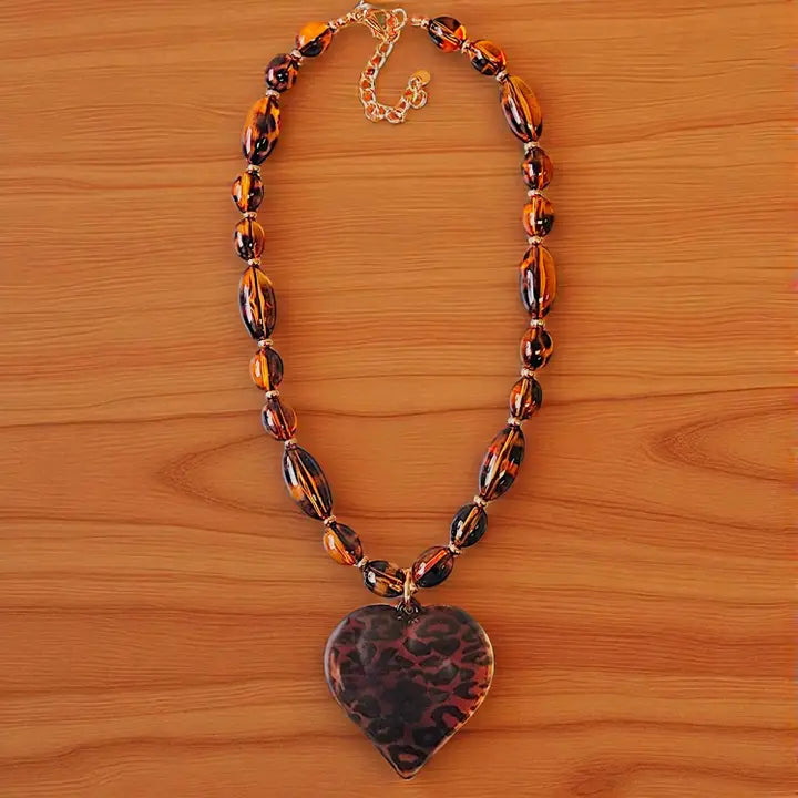 Beaded Tortoise Shell Puffy Heart Necklace