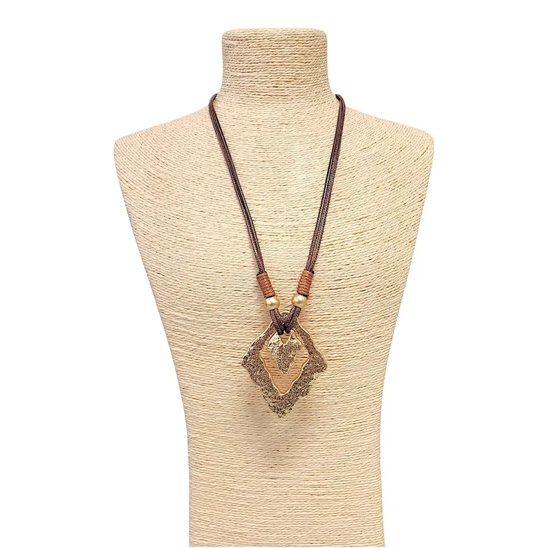 Vintage Gold Sculpted Pendant Necklace on Mocha Brown Leather Cord