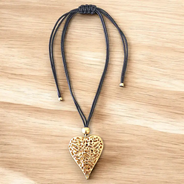 Long Beaded Heart Cord Necklace | Statement Jewelry | Boho
