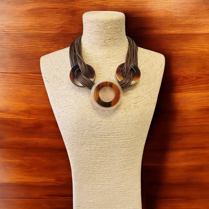 Multi Strand Tortoise Shell Necklace on Mocha Brown Leather Cord