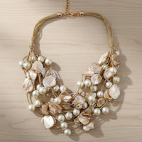 Chunky Golden Pearl and Seashell Multi Strand Necklace