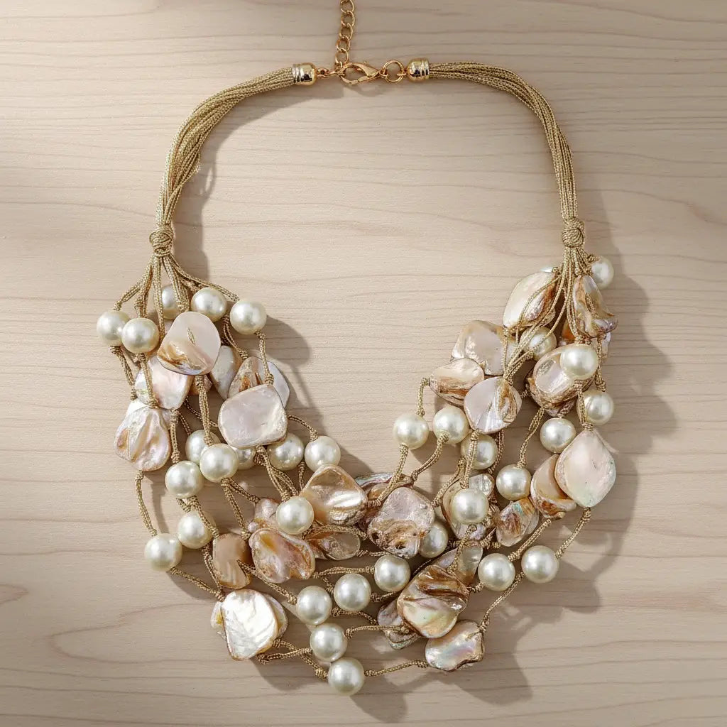 Chunky Golden Pearl and Seashell Multi Strand Necklace