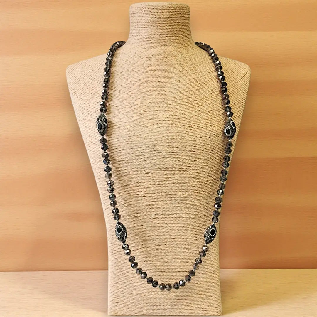 Long Smokey Beaded Pavé Station Necklace