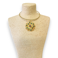 Sculpted Golden Sun Pendant Collar w/ Jewel Tone Accents